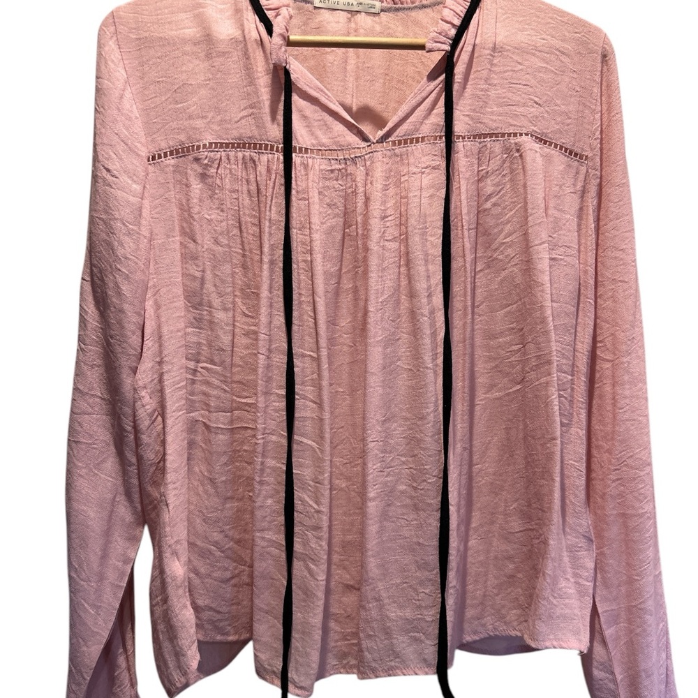 Active USA Pink Boho, Romantic, Blouse, Ruffled Neck with Ribbon Tie, Size Large